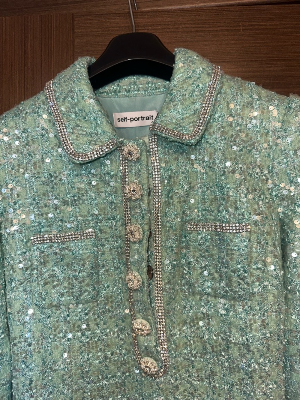 NWT Self-Portrait Mint Sequin Tweed Crystal-Trim dress size 4 - Picture 5 of 7